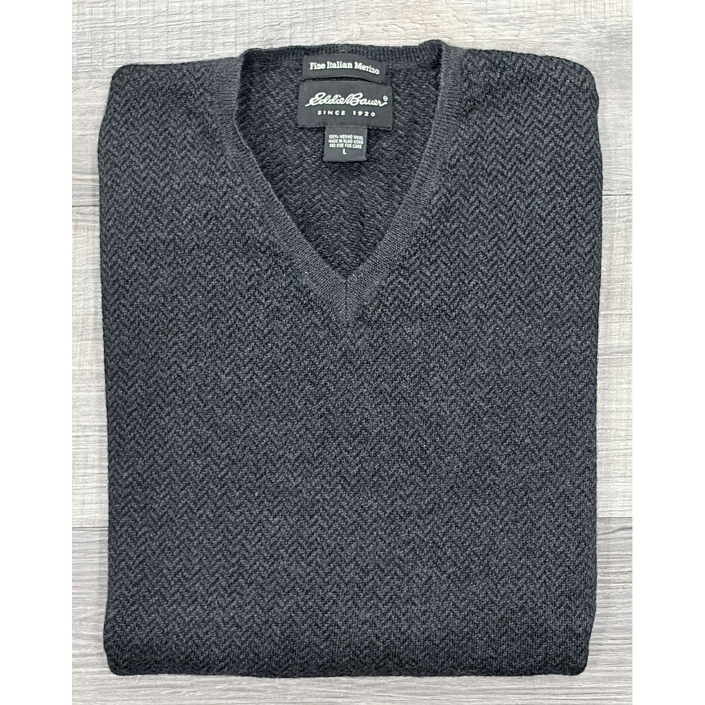 Eddie‎ Bauer Mens M Vest Sweater V-Neck Herringbone Italian Merino Wool Charcoal